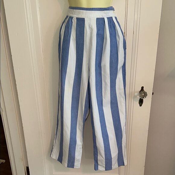 Vintage 70s Breeches Brand Blue and White Striped High Waisted Cotton Pants - Picture 1 of 9